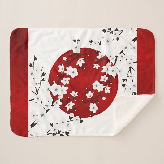 Japans Cherry Blossom Red White Sherpa Deken (Voorkant (horizontaal))