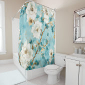 Japans Cherry Blossoms Waterverf, Blauw Douchegordijn (In situ)