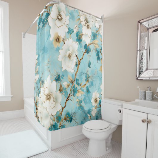 Japans Cherry Blossoms Waterverf, Blauw Douchegordijn (In situ)