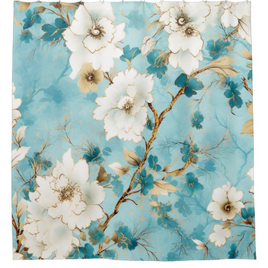 Japans Cherry Blossoms Waterverf, Blauw Douchegordijn (Voorkant)