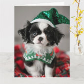 Japans Chin Elf Puppy Kerst Kaart (Gele Bloem)