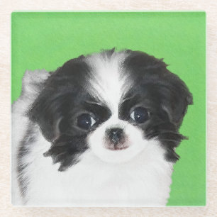 Japans Chin Puppy Painting - Oorspronkelijke honde Glazen Onderzetter