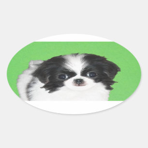 Japans Chin Puppy Painting - Oorspronkelijke honde Ovale Sticker