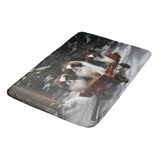 Japans Chin Snowy Sleigh Kerstmisdecor Badmat (Gekanteld)
