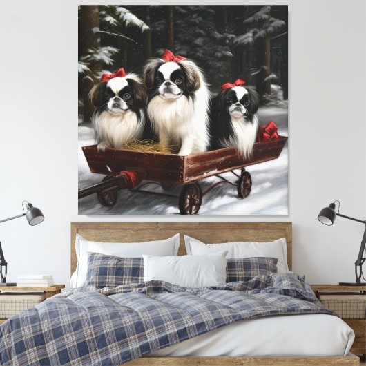 Japans Chin Snowy Sleigh Kerstmisdecor Canvas Afdruk (Insitu (Slaapkamer))