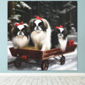 Japans Chin Snowy Sleigh Kerstmisdecor Canvas Afdruk (Insitu (Houten vloer))