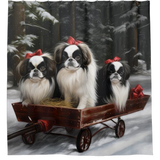 Japans Chin Snowy Sleigh Kerstmisdecor Douchegordijn (Voorkant)