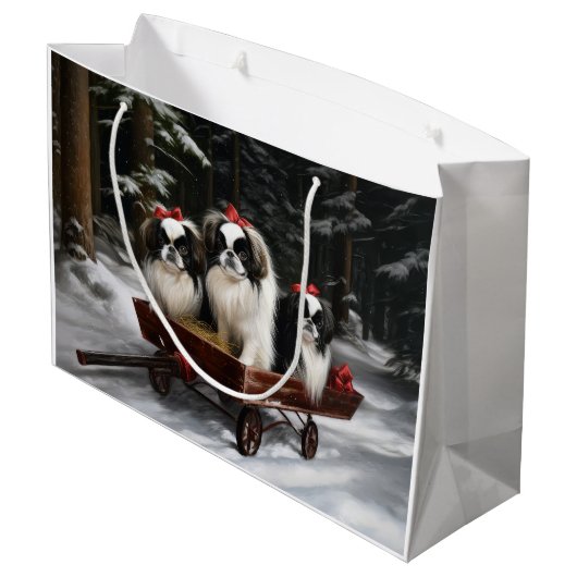 Japans Chin Snowy Sleigh Kerstmisdecor Groot Cadeauzakje (Achterkant Gekanteld)