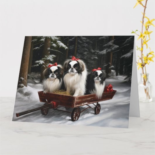 Japans Chin Snowy Sleigh Kerstmisdecor Kaart (Gele Bloem)