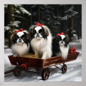Japans Chin Snowy Sleigh Kerstmisdecor Poster (Voorkant)