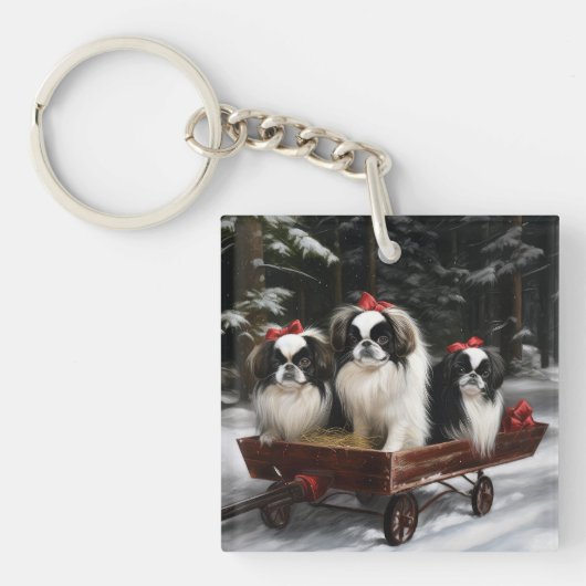Japans Chin Snowy Sleigh Kerstmisdecor Sleutelhanger (Voorkant)