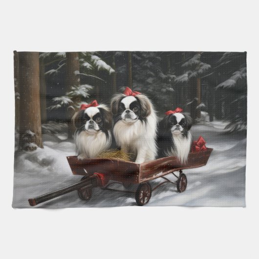 Japans Chin Snowy Sleigh Kerstmisdecor Theedoek (Horizontaal)