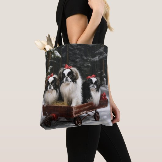 Japans Chin Snowy Sleigh Kerstmisdecor Tote Bag (Dichtbij)