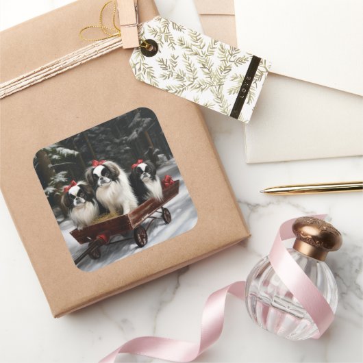 Japans Chin Snowy Sleigh Kerstmisdecor Vierkante Sticker (Geschenken)