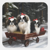 Japans Chin Snowy Sleigh Kerstmisdecor Vierkante Sticker (Voorkant)
