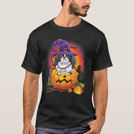Japans Chin Witch Pumpkin Halloween Hondenliefhebb T-shirt (Voorkant)