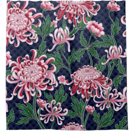 Japans chrysant pioenrozen patroon douchegordijn (Voorkant)