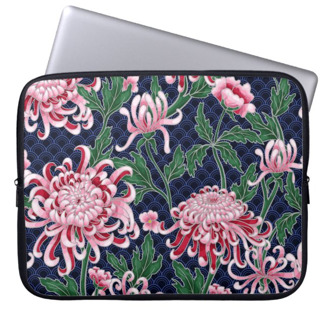 Japans chrysant pioenrozen  patroon laptop sleeve (Voorkant)