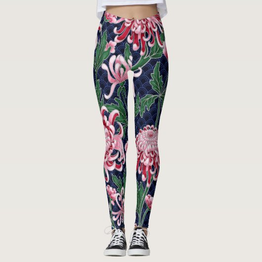 Japans chrysant pioenrozen patroon leggings (Voorkant)