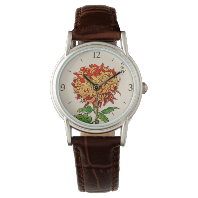  Japans Chrysanthemum. Goud en Sinaasappel Horloge (Voorkant)