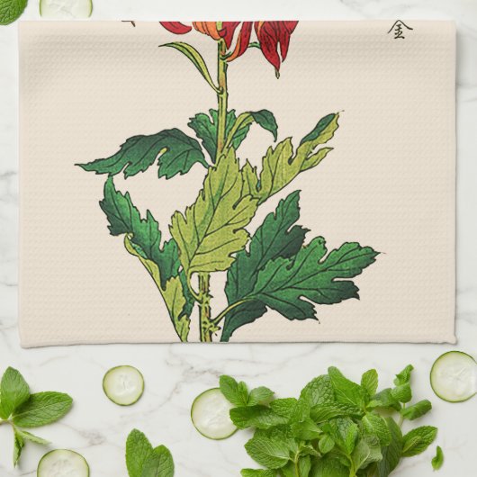 Japans Chrysanthemum. Rust en Sinaasappel Theedoek (Gevouwen)