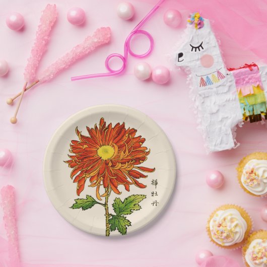 Japans Chrysanthemum. Sinaasappel en goud Papieren Bordje (Feest)