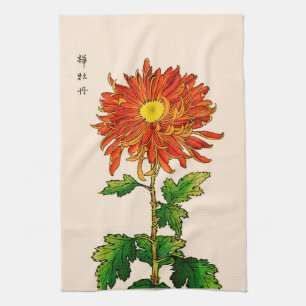 Japans Chrysanthemum. Sinaasappel en goud Theedoek