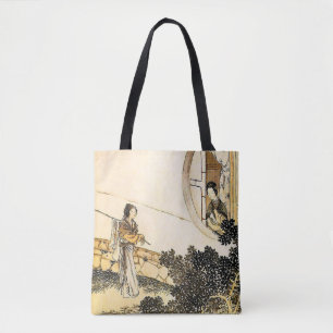 Japans dame bij maanraam print tote bag