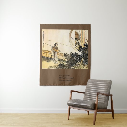 Japans dame op moongate haiku  kunst print wandkleed (In situ)