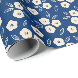 Japans Dark Blue en Champagne Floral Pattern Cadeaupapier