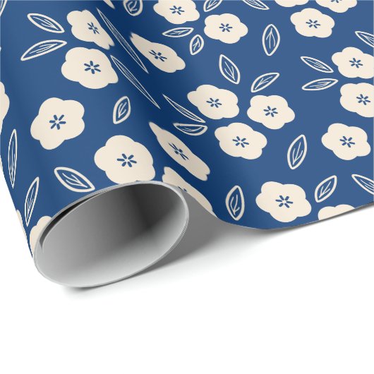 Japans Dark Blue en Champagne Floral Pattern Cadeaupapier (Rol Hoek)
