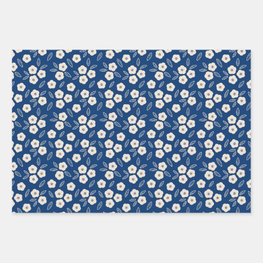 Japans Dark Blue en Champagne Floral Pattern Inpakpapier Vel (Voorkant)