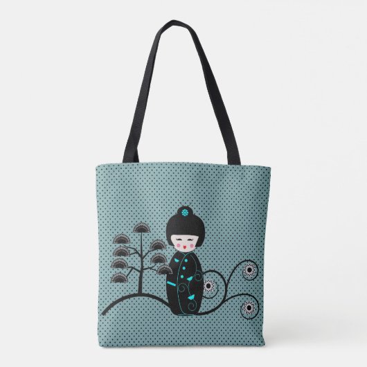 Japans Doll Design op Blue Black Polka Dot Tote Bag (Achterkant)