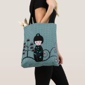 Japans Doll Design op Blue Black Polka Dot Tote Bag (Dichtbij)