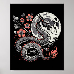 Japans Dragon Sakura Moon Cherry Blossom Mannen Wo Poster