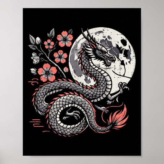 Japans Dragon Sakura Moon Cherry Blossom Mannen Wo Poster (Voorkant)