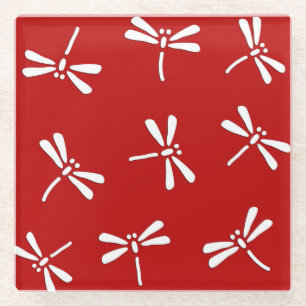 Japans Dragonfly-patroon, diep rood en wit Glazen Onderzetter