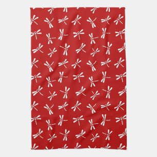 Japans Dragonfly-patroon, diep rood en wit Theedoek