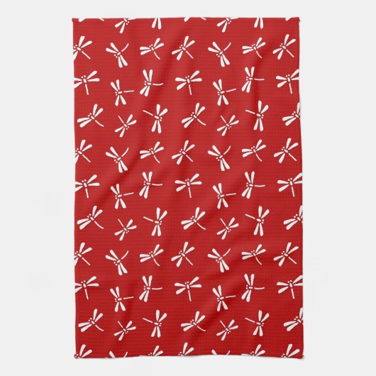 Japans Dragonfly-patroon, diep rood en wit Theedoek (Verticaal)