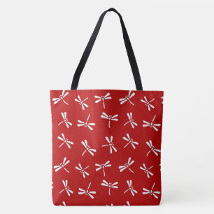 Japans Dragonfly-patroon, diep rood en wit Tote Bag