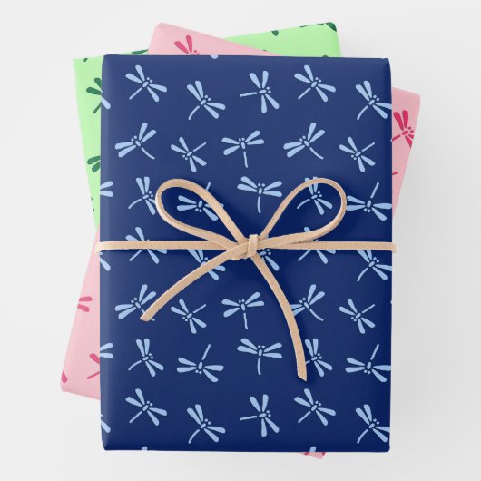 Japans Dragonfly Pattern, marine. Koraal, groen Inpakpapier Vel (In situ)