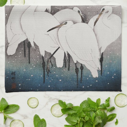 Japans Egrets Koson kranen wintersneeuw Theedoek (Gevouwen)