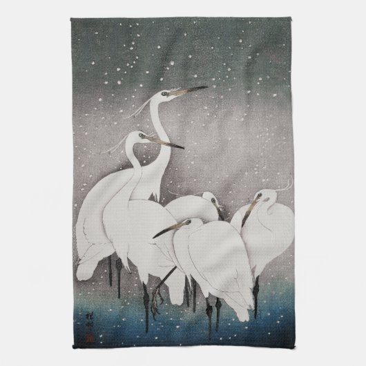 Japans Egrets Koson kranen wintersneeuw Theedoek (Verticaal)