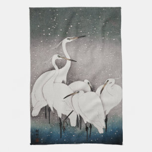 Japans Egrets Kranen Vogel Winter Sneeuw Kunst Theedoek