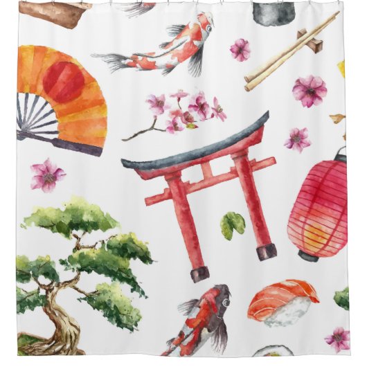 Japans Elements Waterverf Naadloze Textuur Douchegordijn (Voorkant)