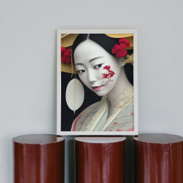 Japans Floral Geisha Red Gold Fantasy Art Poster
