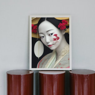 Japans Floral Geisha Red Gold Fantasy Art Poster