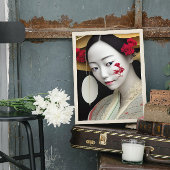 Japans Floral Geisha Red Gold Fantasy Art Poster