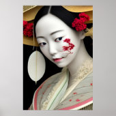 Japans Floral Geisha Red Gold Fantasy Art Poster (Voorkant)
