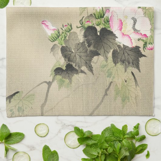 Japans gedrukte botanische Roos en vogel Theedoek (Gevouwen)